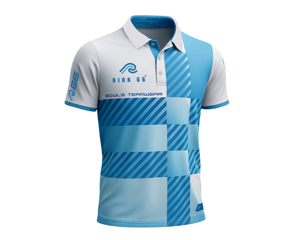 Blue and white polo shirt with patterned design on a white background