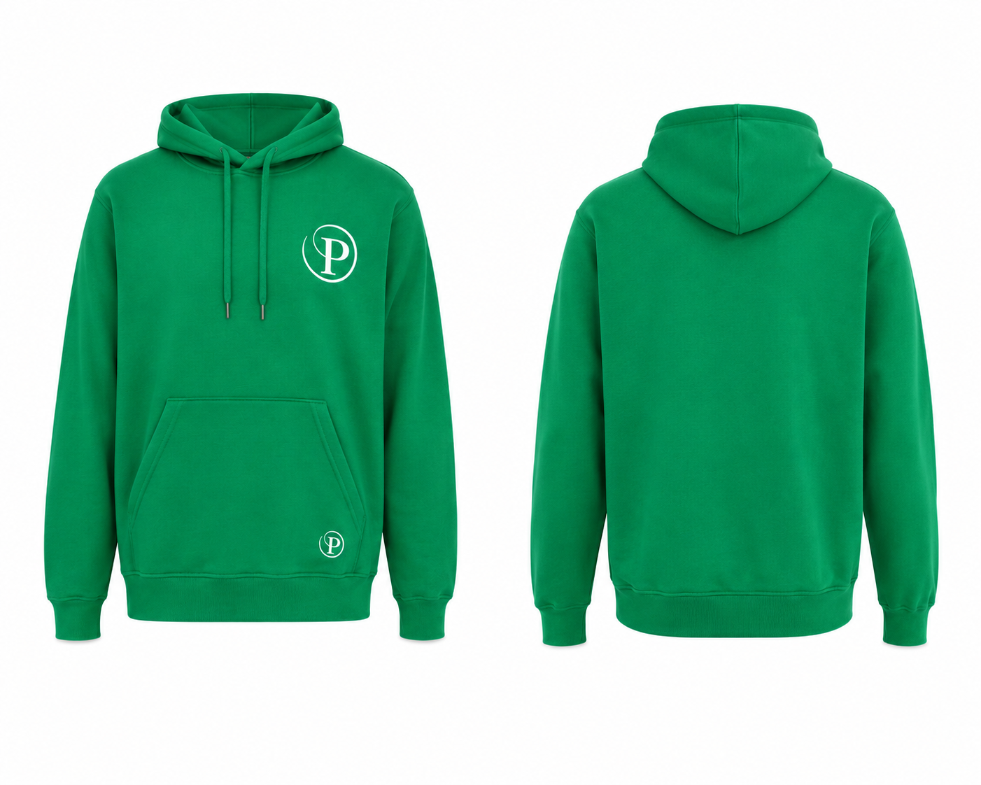 A green pullover hoodie shown from both the front and back views on a plain white background. The front view features a white circular logo with a letter 'P' on the left chest and a matching logo near the bottom hem.