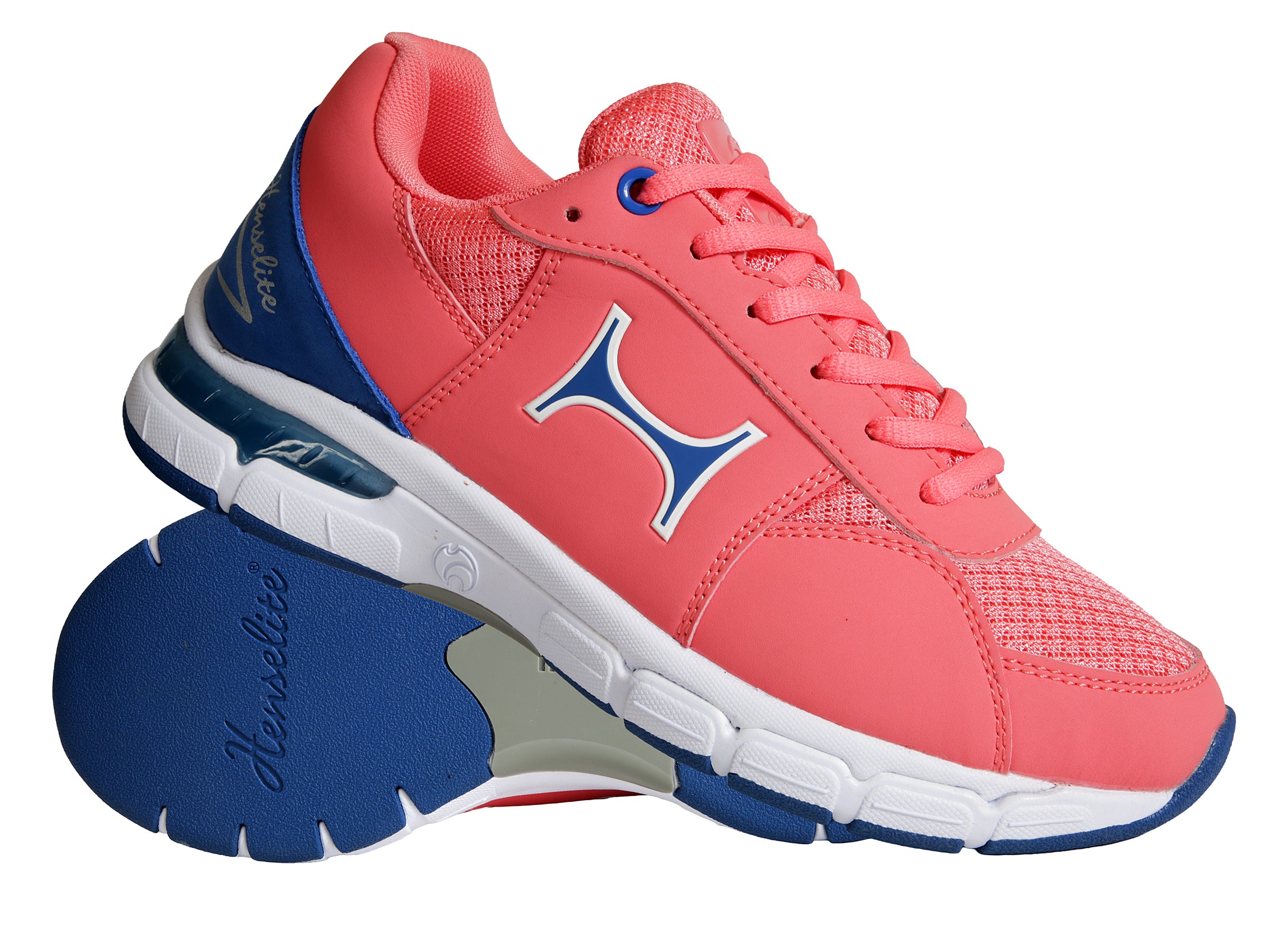 Pink and blue running shoe with a visible brand logo on a white background