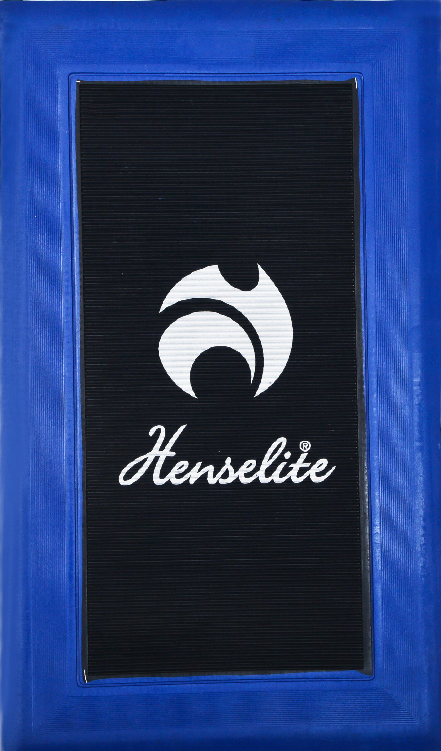 A blue delivery mat with the Henselite logo printed in white.