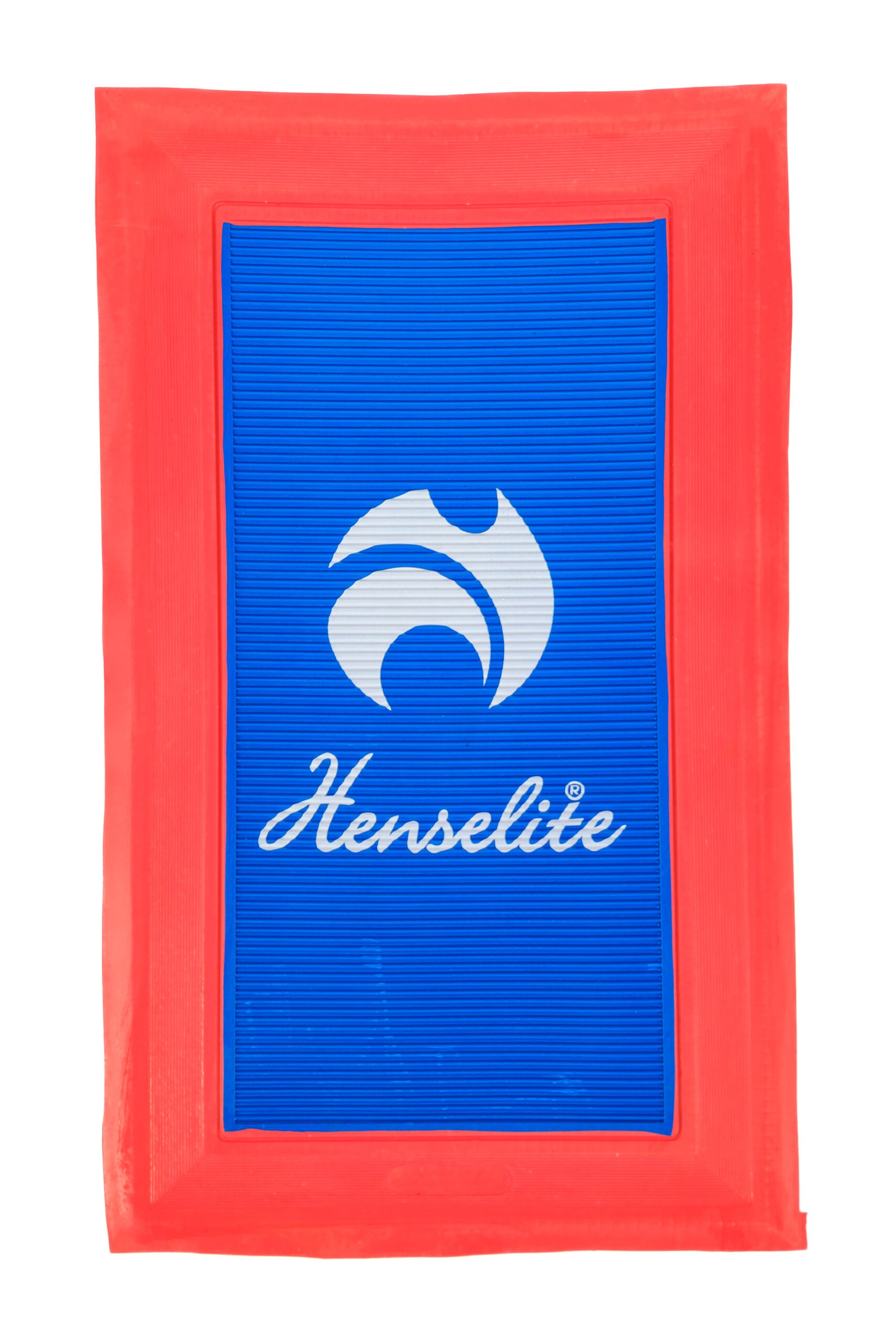 A blue and red delivery mat with the Henselite logo printed in white.