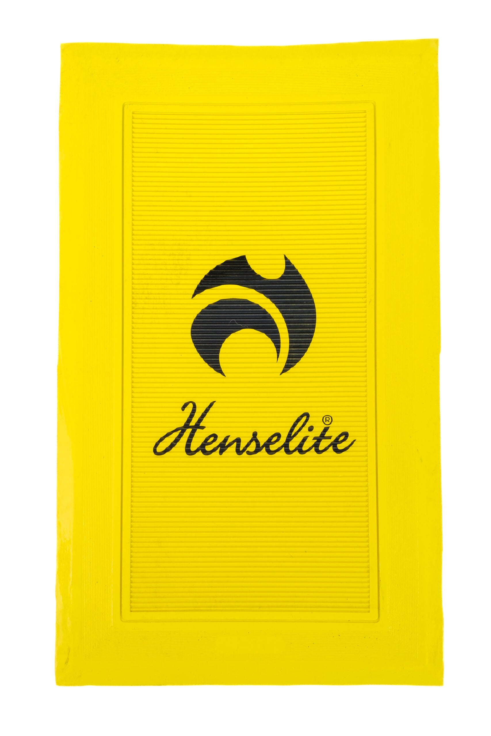 A yellow delivery mat with the Henselite logo printed in white.