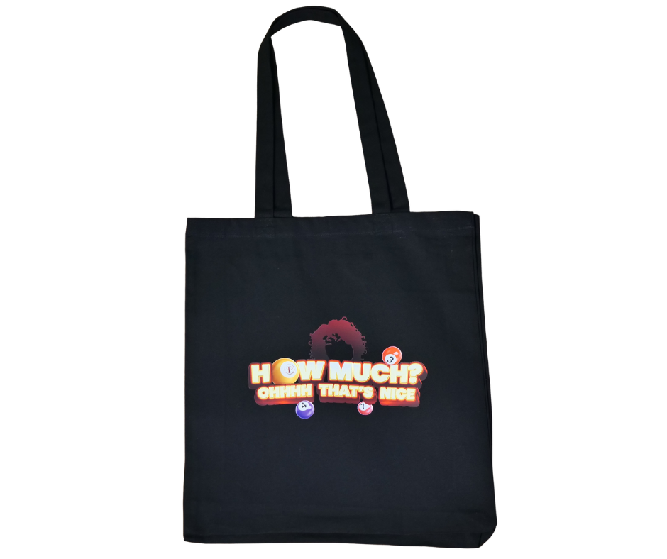 Black tote bag with colorful text design on a white background