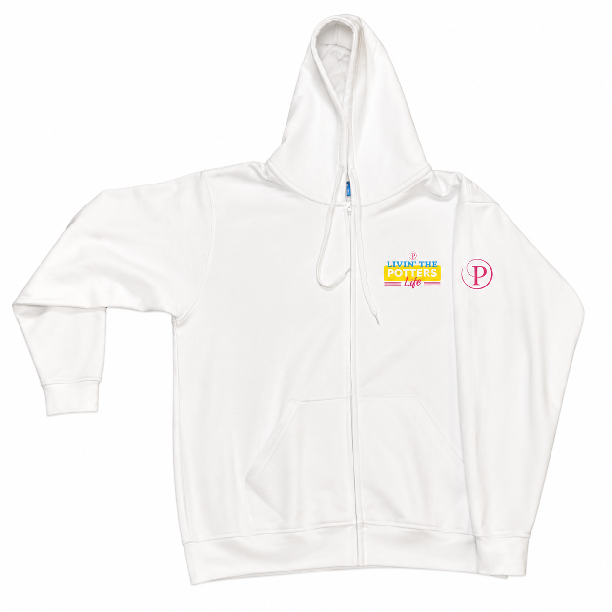 A white zip-up hoodie with a drawstring hood and kangaroo pocket, featuring a colorful graphic on the left chest that reads 'LIVING THE POTTERS LIFE' and a pink circular 'P' logo on the left sleeve, shown against a plain white background.