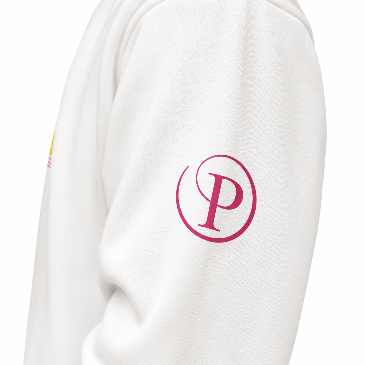 Close-up of a white sweatshirt sleeve featuring a magenta circular logo with a stylized letter P on the upper arm.