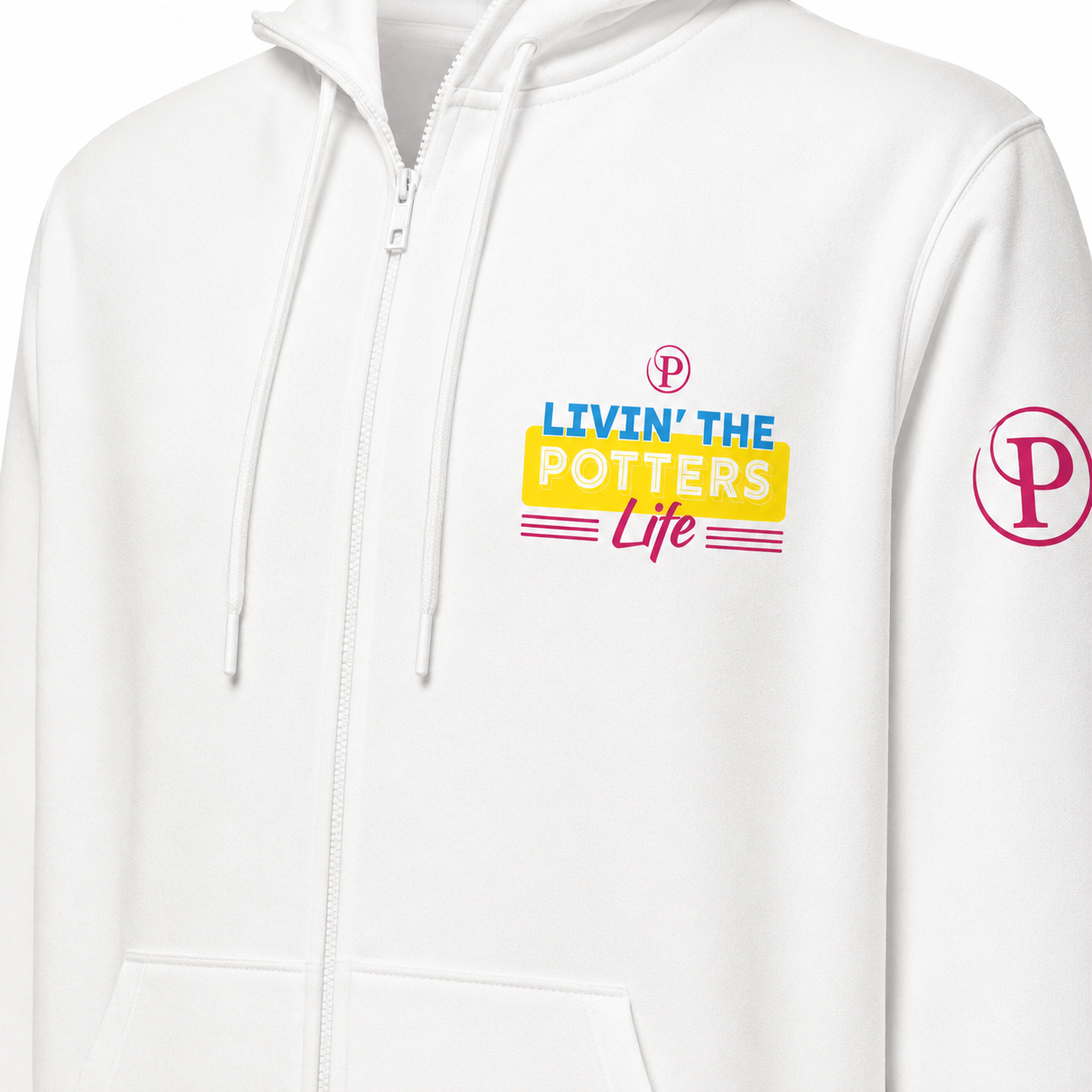 White zip-up hoodie with a colorful chest graphic reading 'LIVIN' THE POTTERS Life' and a pink circular 'P' logo on the sleeve, shown on a white background.