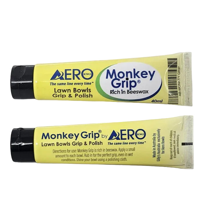 Two tubes of Aero Monkey Grip lawn bowls grip and polish on a white background