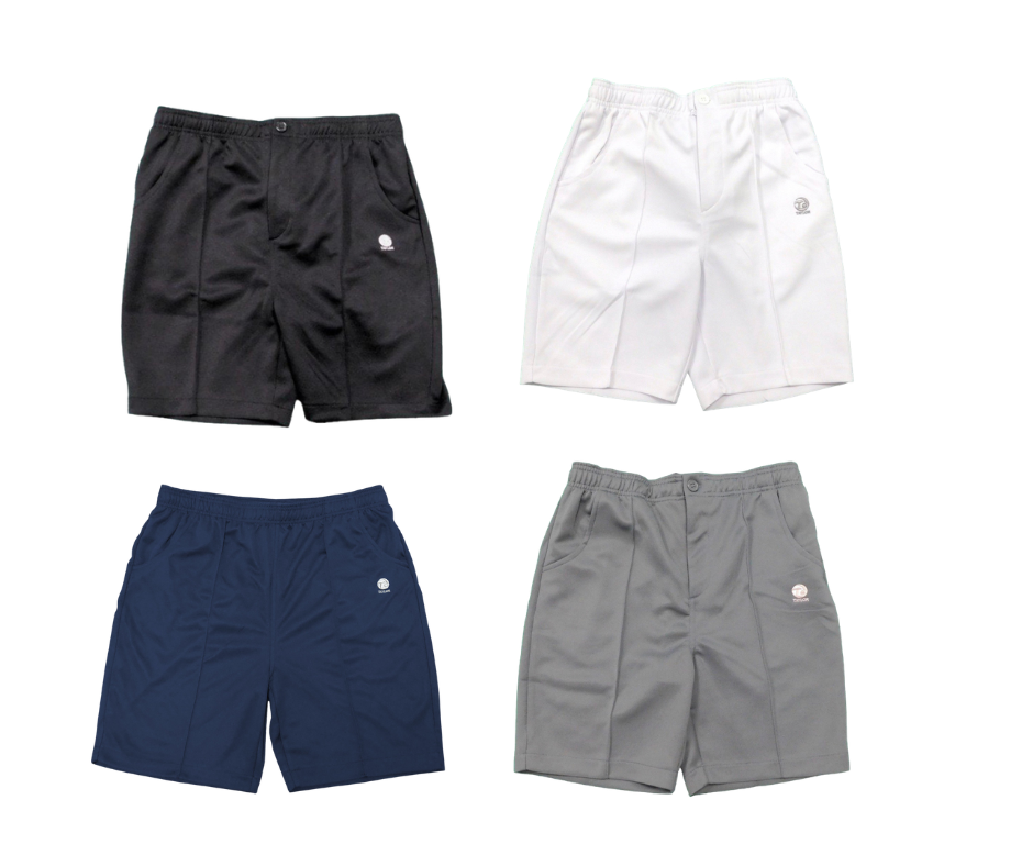 Four pairs of shorts in black, white, blue, and gray on a white background.