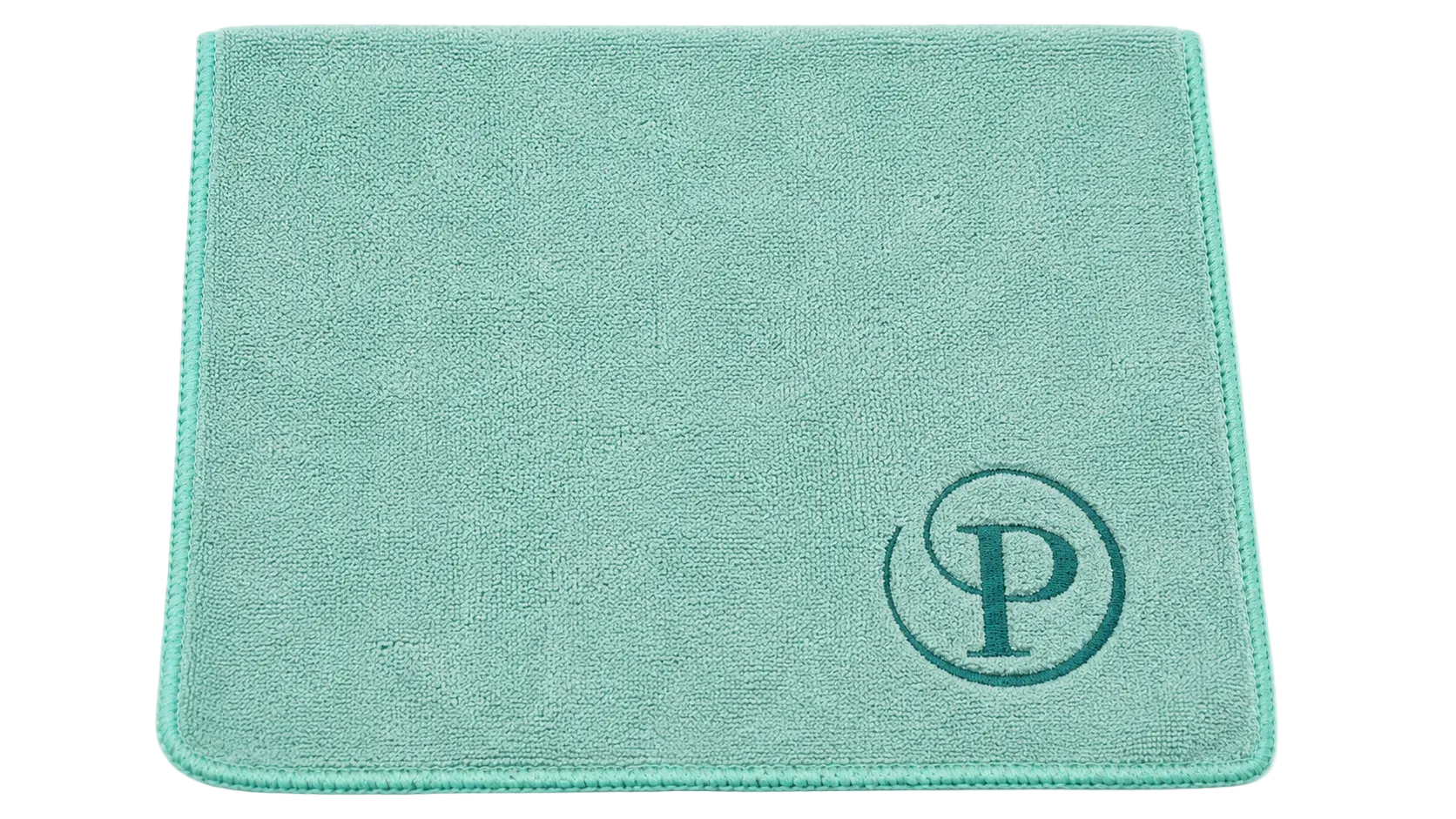 Teal cleaning cloth with a logo on a white background