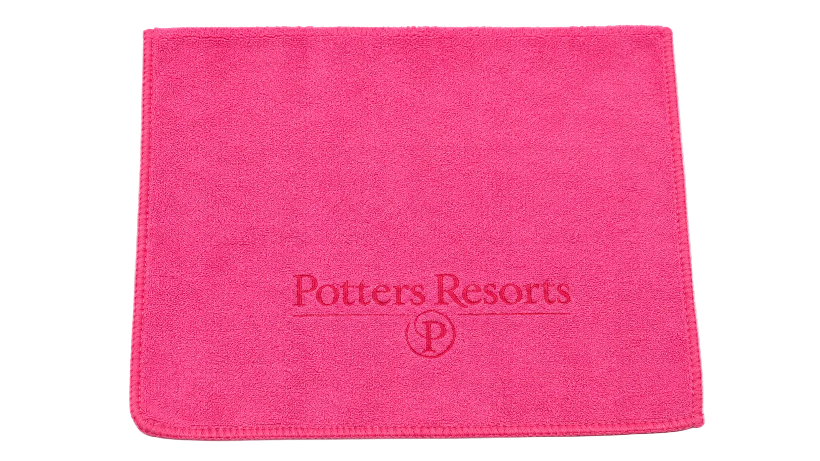 Pink towel with 'Potters Resorts' logo on a white background