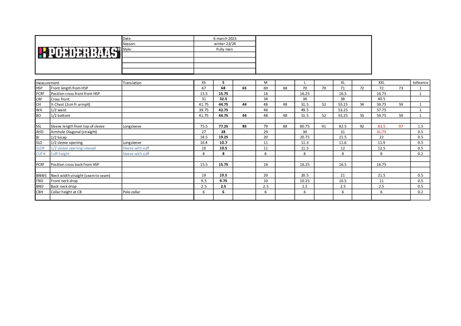 Size chart