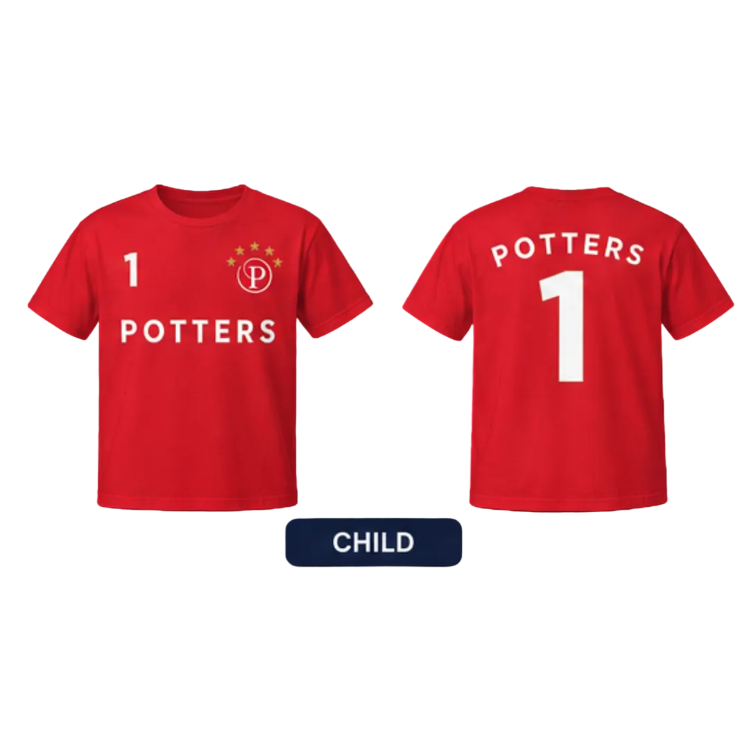 Red t-shirt with 'Potters' branding on a black background