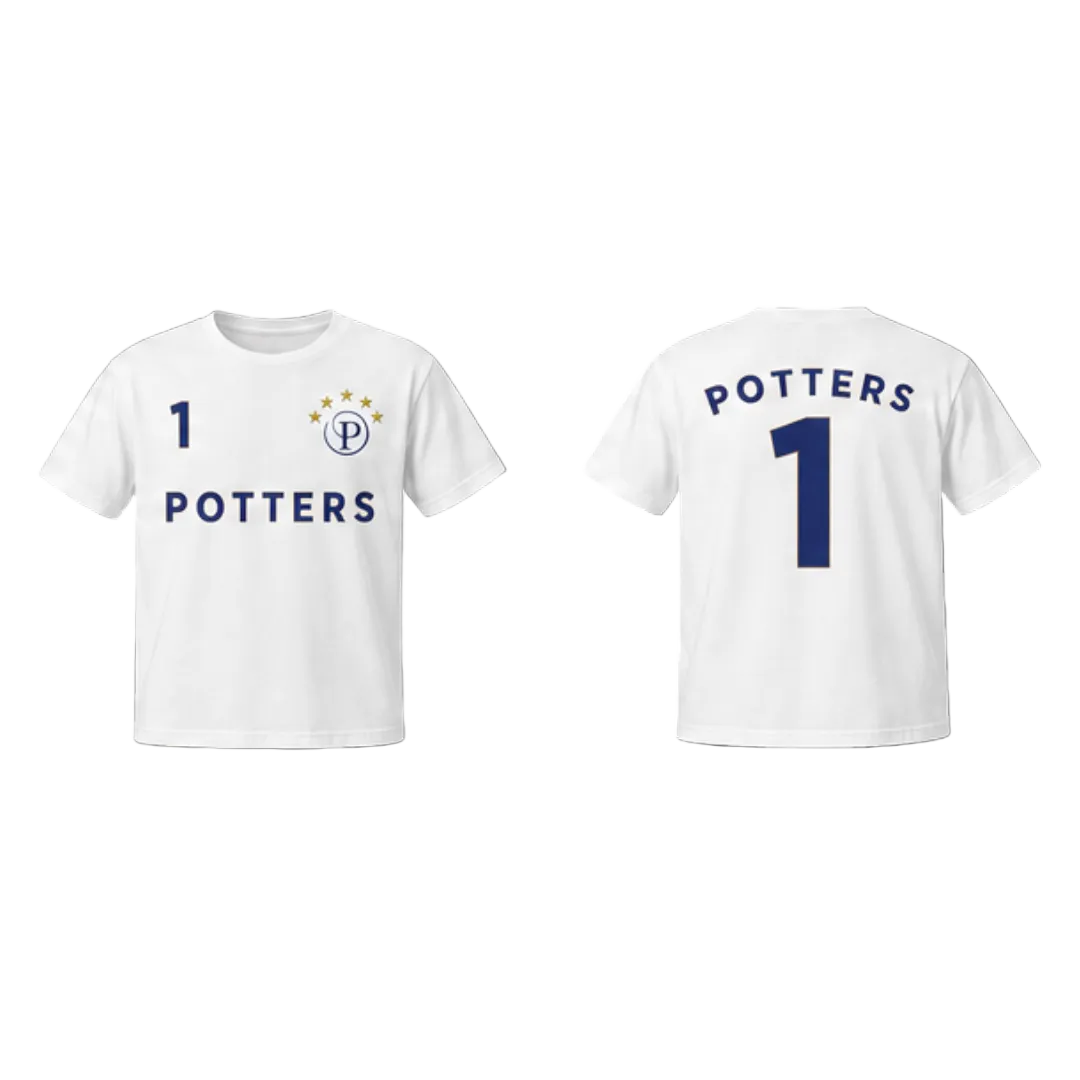 White t-shirt with 'Potters' and number '1' on a black background