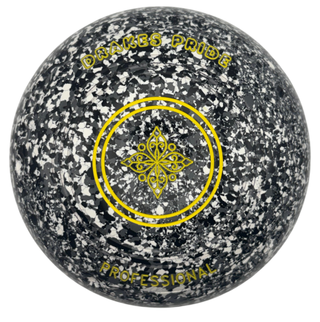 Black and white speckled bowling ball with yellow text and design on a white background
