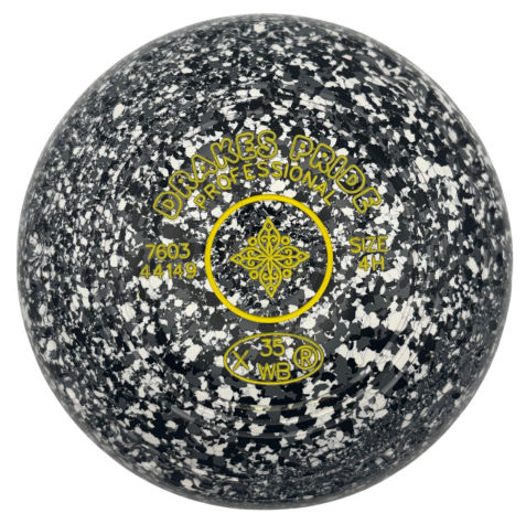 Black and white speckled bowling ball with branding on a white background