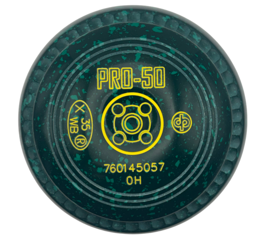 Round green and black object with 'PRO-50' and other text on a white background