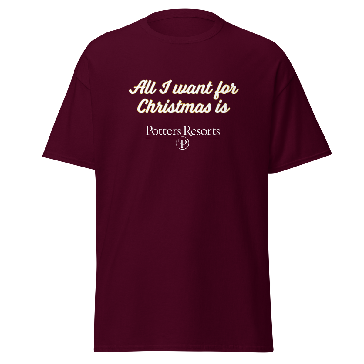 Potters Exclusive All I Want For Christmas Is Potters Resorts Festive T Shirt in Maroon