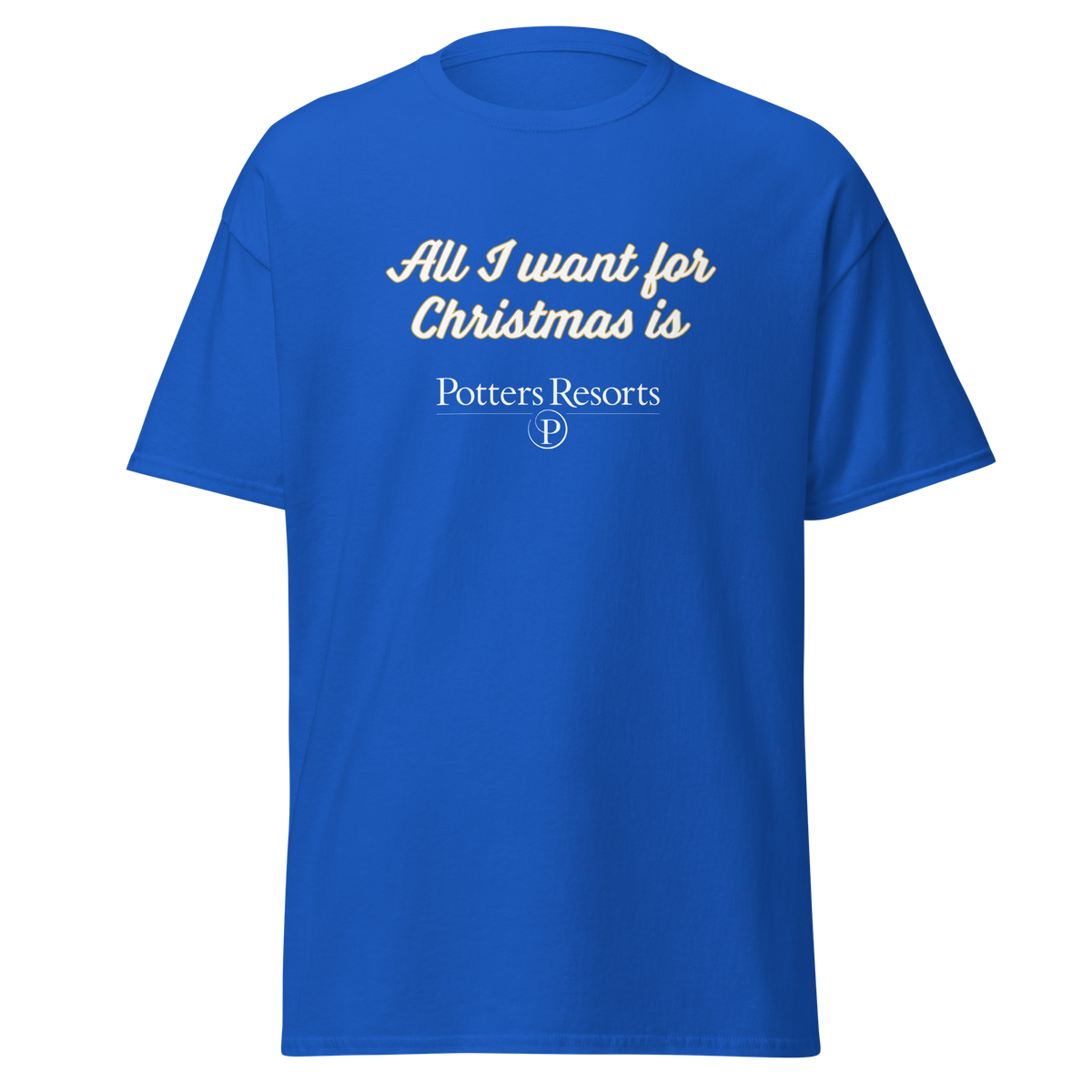 Potters Exclusive All I Want For Christmas Is Potters Resorts Festive T Shirt in Royal Blue