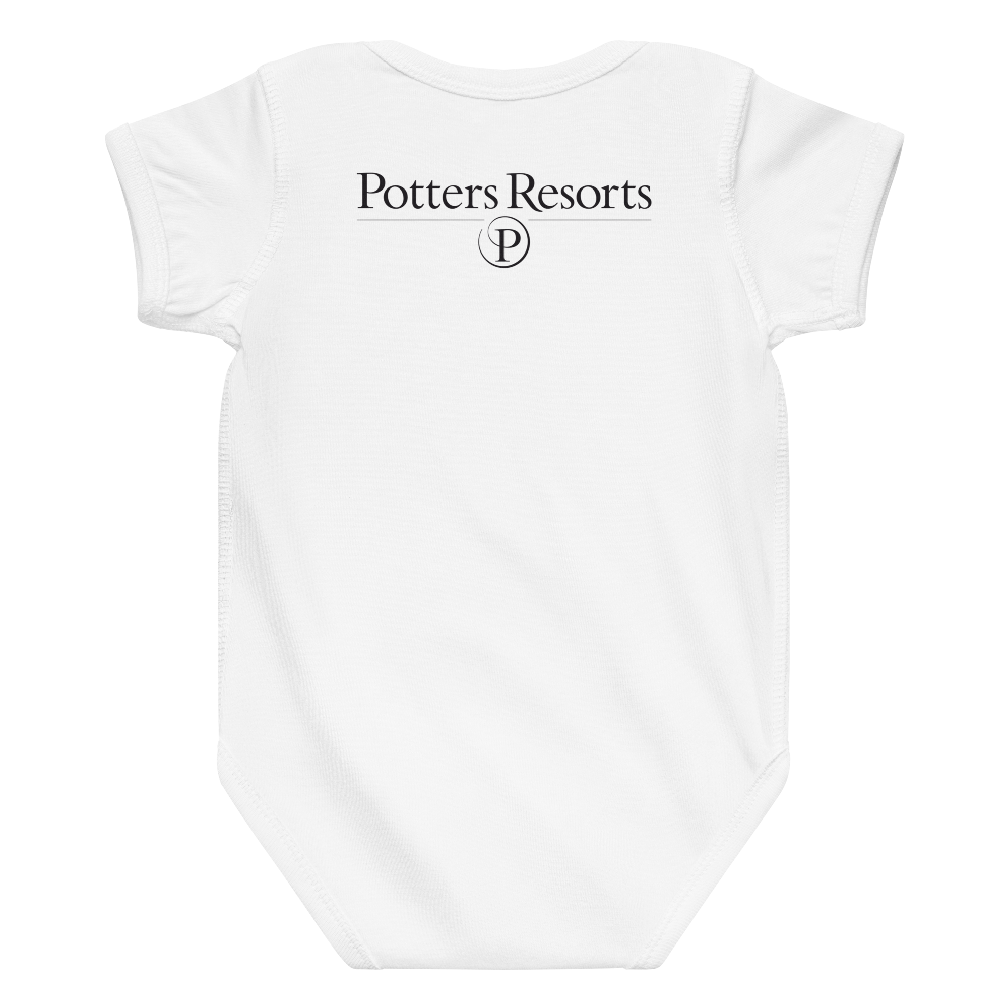 White baby onesie with 'Potters Resorts' text and logo on a white background