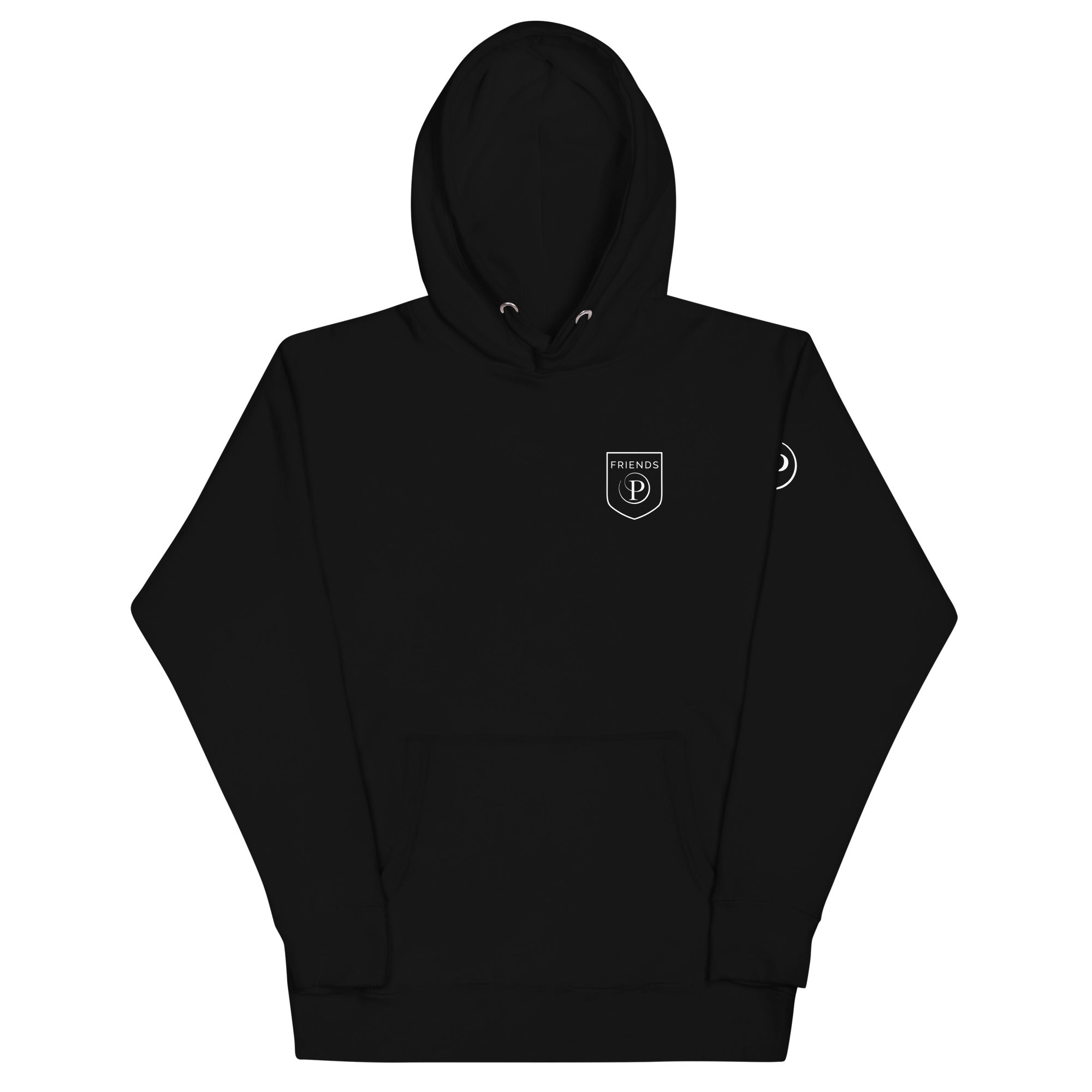 Black Friends Exclusive pullover hoodie with printed Friends crest and Potters P sleeve detail