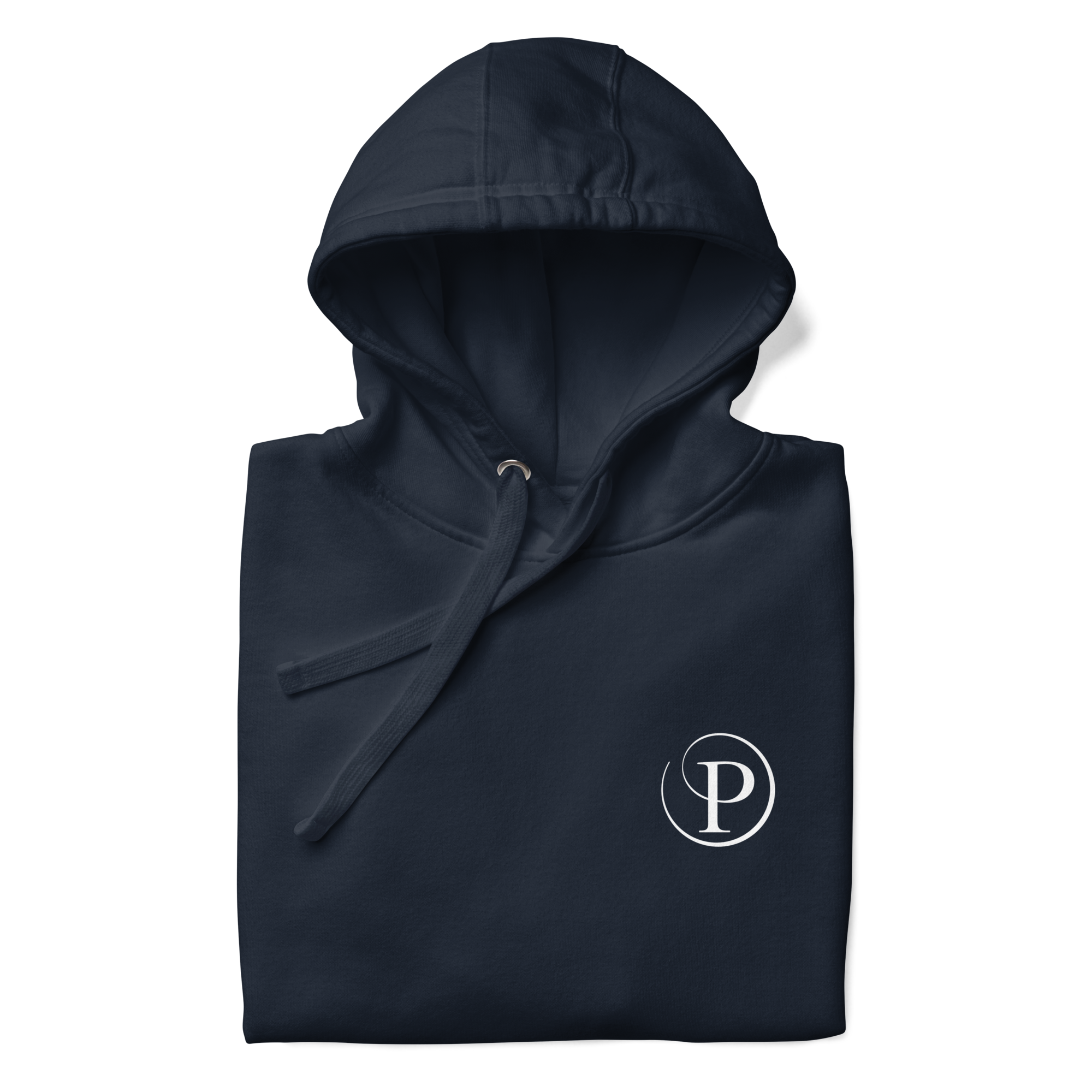 Folded navy blue hoodie with a white logo on a white background