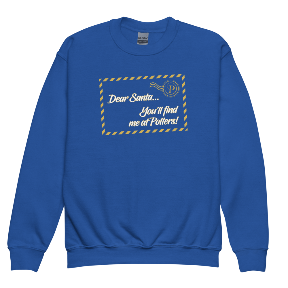 Potters Exclusive Dear Santa You'll Find Me at Potters Christmas kids sweatshirt in Royal Blue