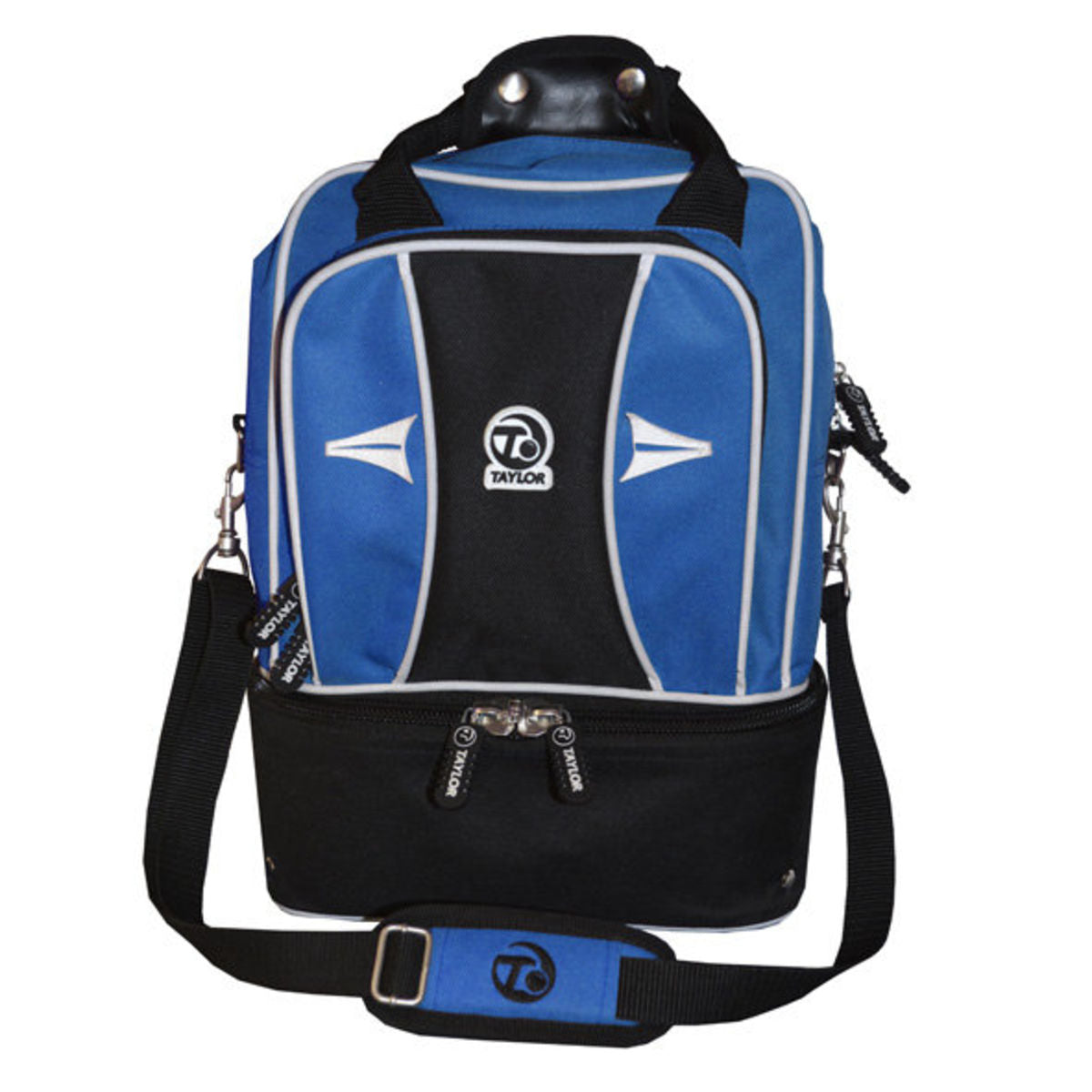 Blue and black backpack with a visible brand logo on a white background