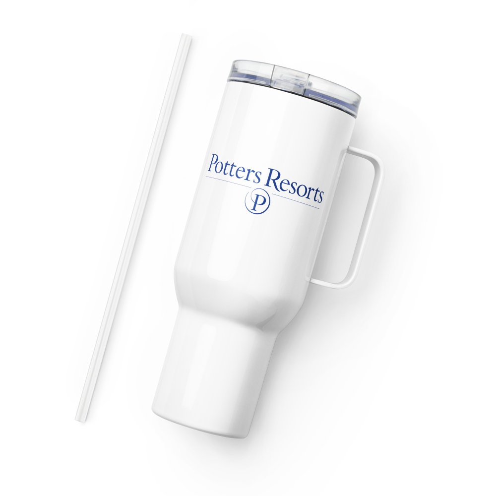 White tumbler with 'Potters Resorts' logo on a white background