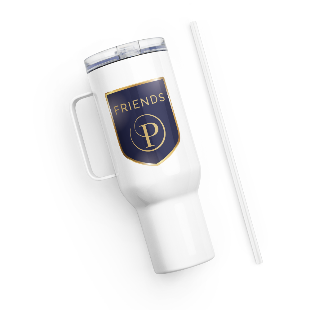 White tumbler with 'Friends' logo on a white background