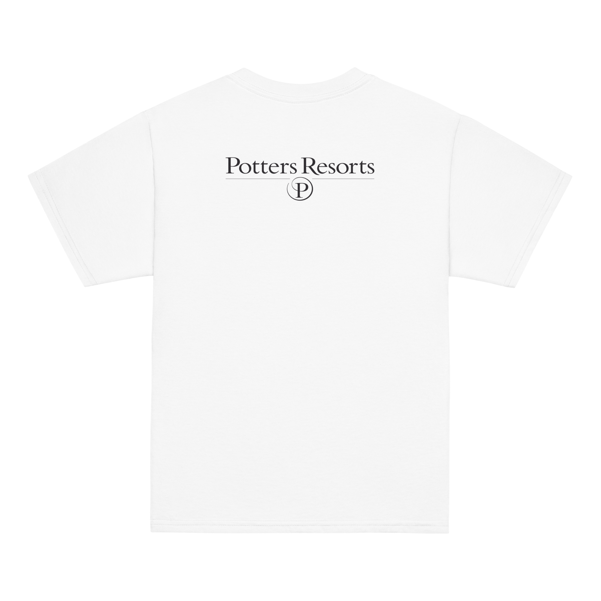 White t-shirt with 'Potters Resorts' logo on a white background