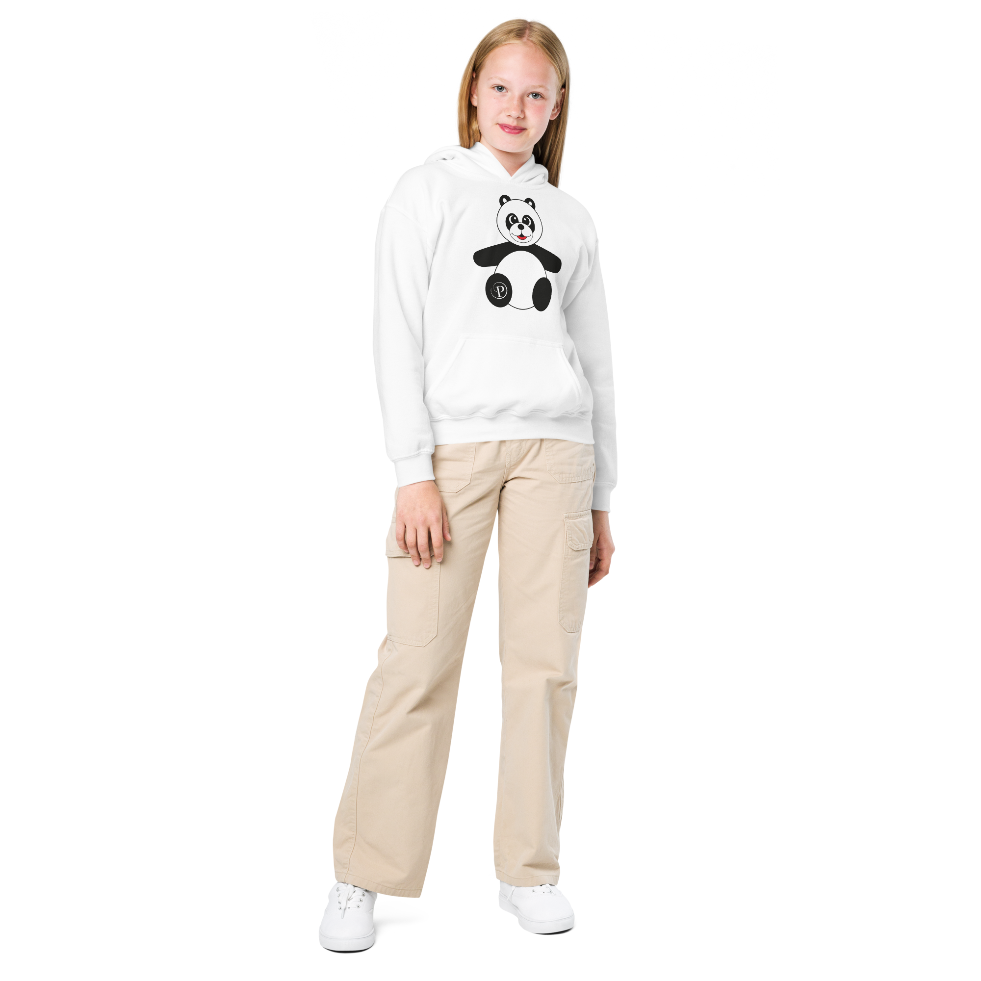 Young girl wearing a white hoodie with a panda design and beige pants on a white background