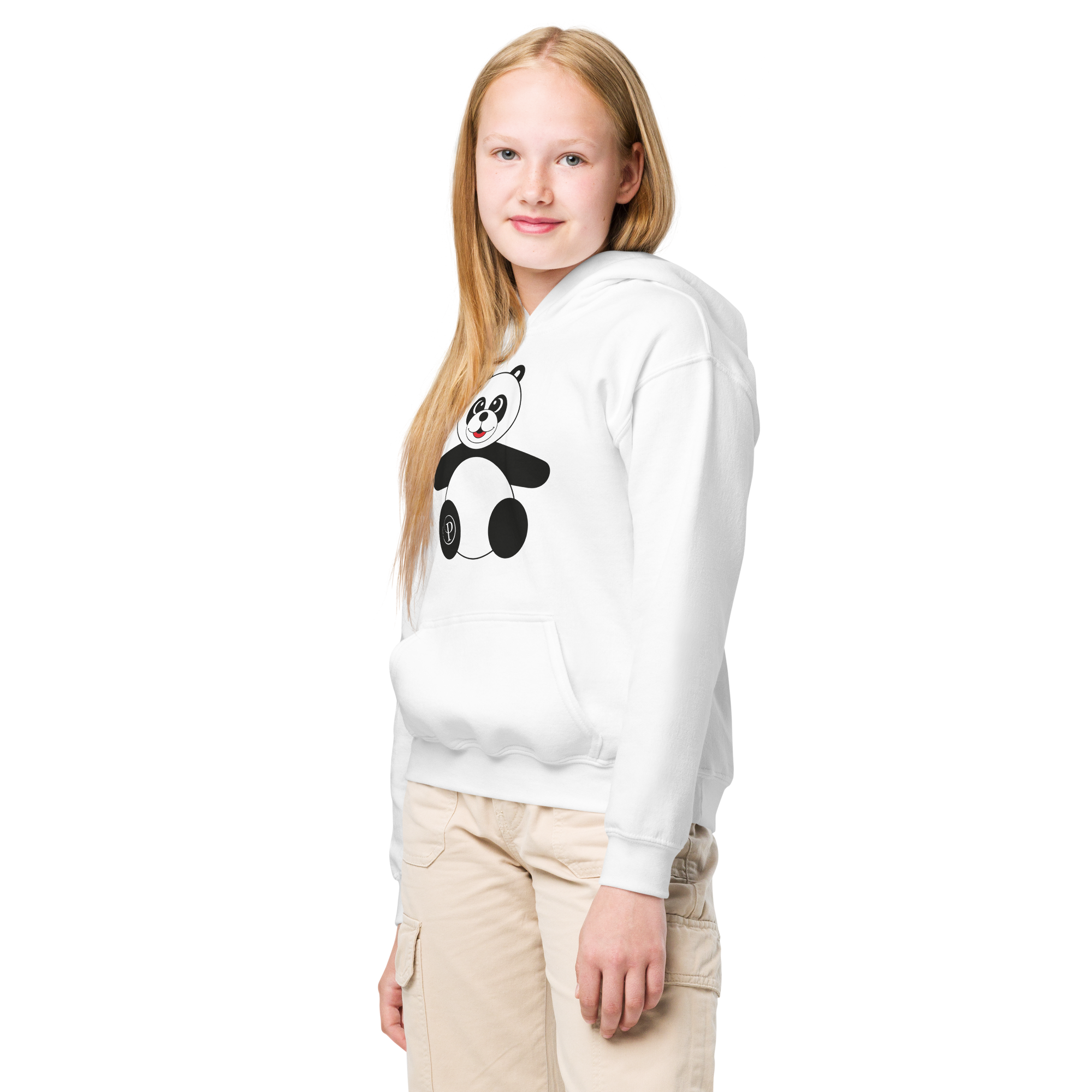 Young girl wearing a white hoodie with a panda design on a white background