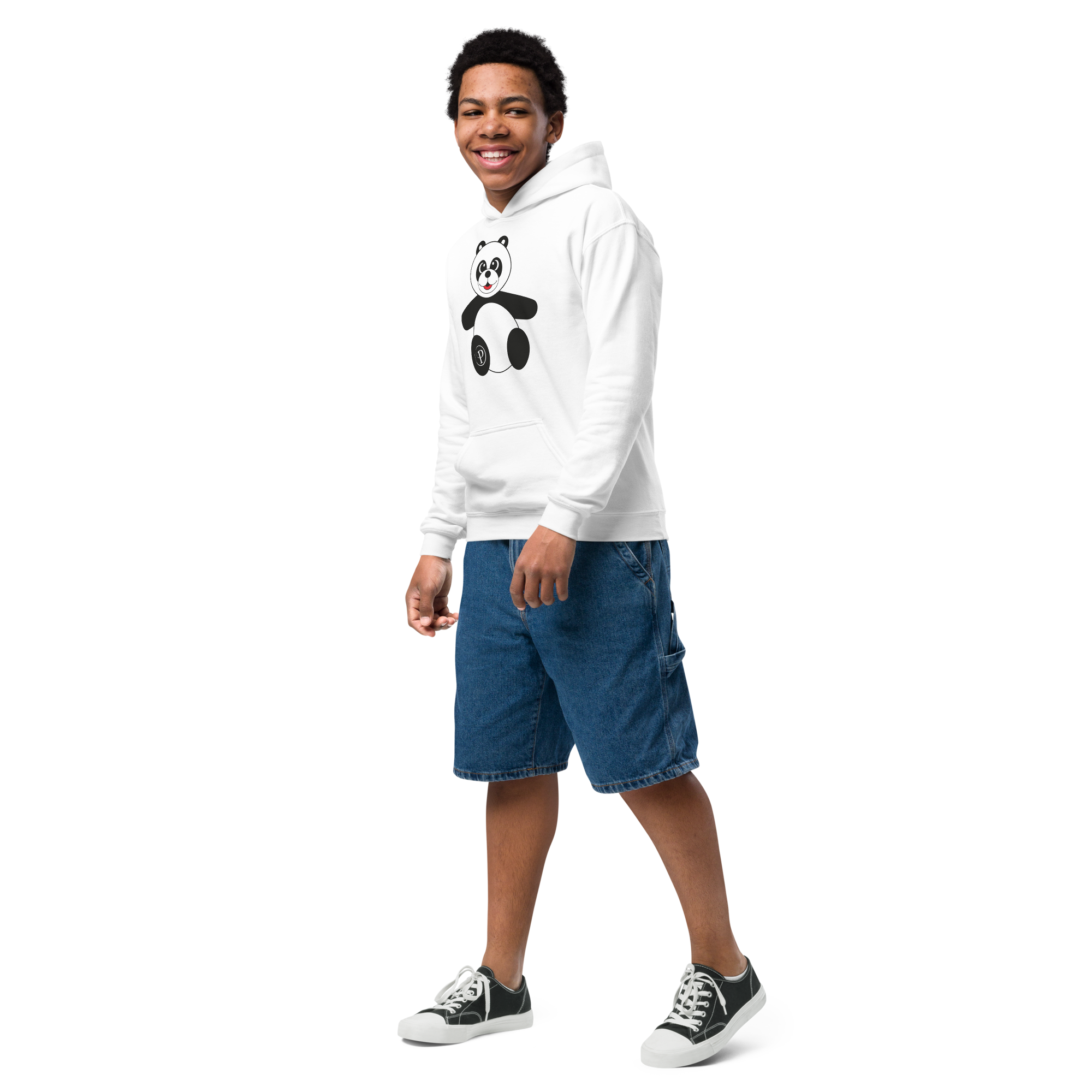 Person wearing a white hoodie with a panda design and blue shorts on a white background