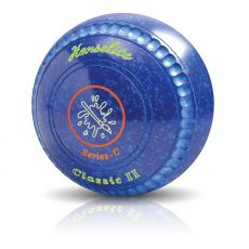A blue colored bowls ball with the Henselite logo and the text 'Classic II' on it.