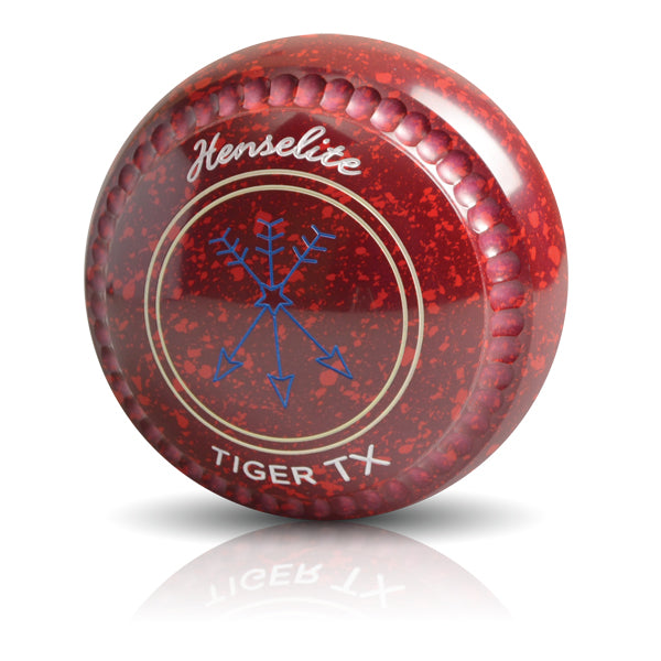 A red colored Henselite Tiger TX bowls ball with gold and white design elements.